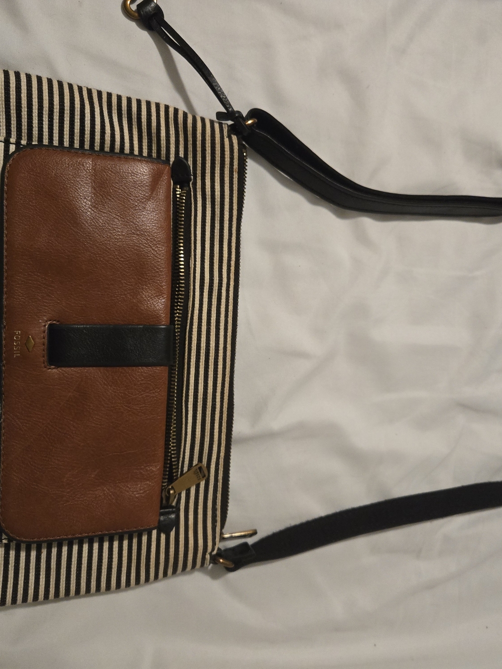 Fossil Kinley Brown Leather and Black Striped Messenger Bag